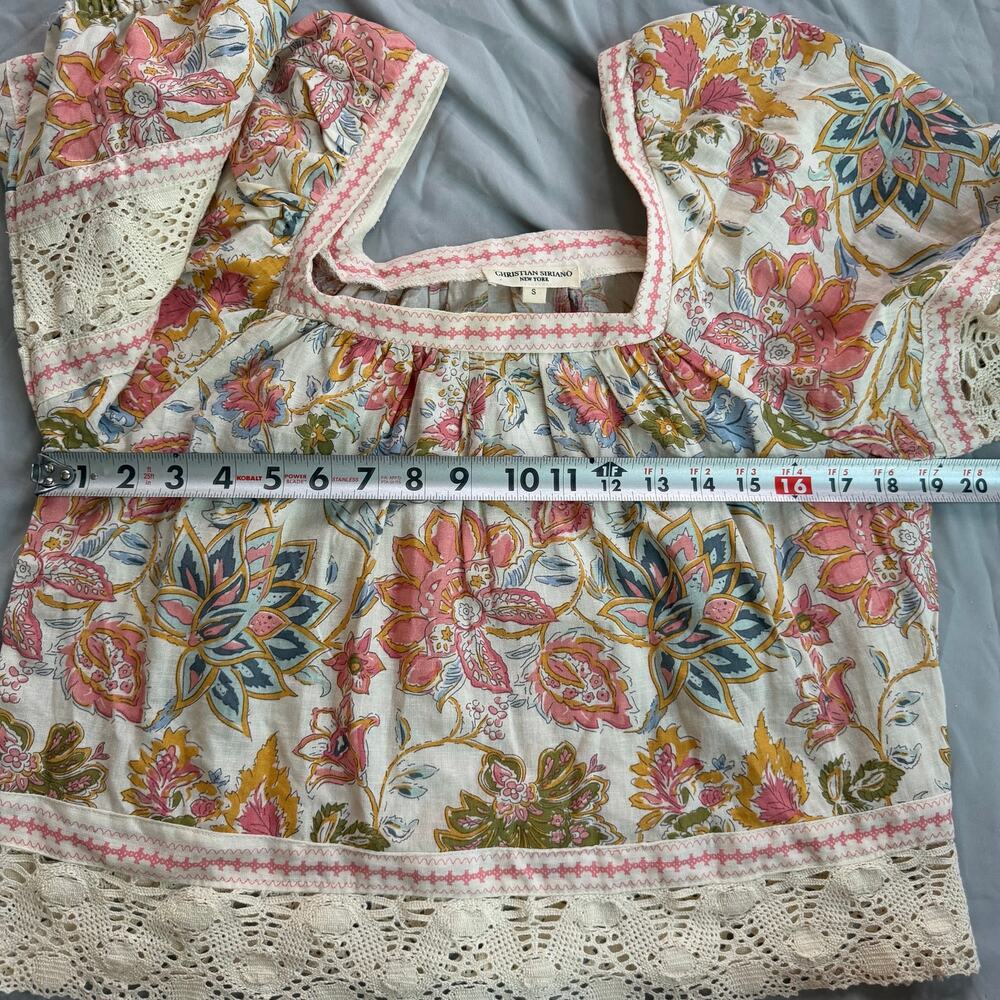 Christian Siriano Floral Peasant Blouse Crochet Lace Trim Linen Blend Small - Picture 7 of 10